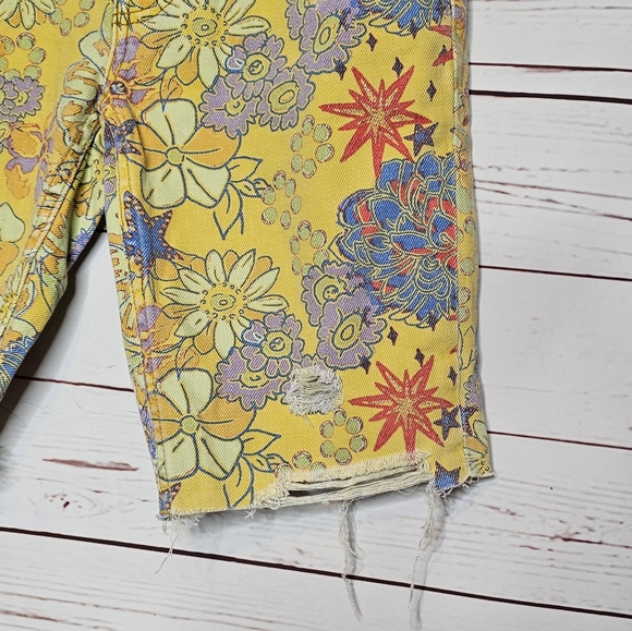 Free People Alani Floral Yellow Denim Cut Off Shorts - Picture 3 of 12